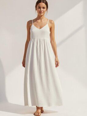 A New Day White Maxi Dress Flowy Smocked Back Cami A Line Summer XXL